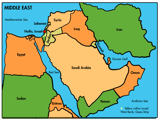 A map of the Middle East with a red star on Haifa