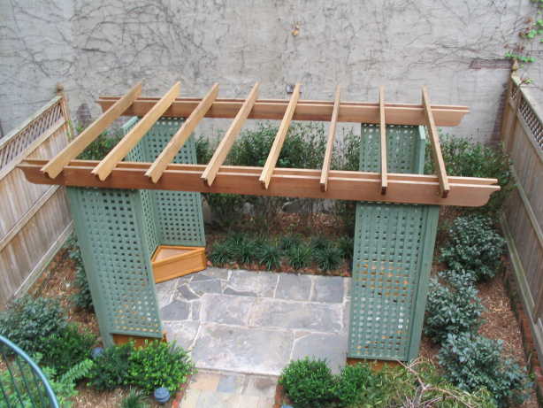 CEDAR ARBOR WITH CUSTOM LATTICE PANELS & 4 TRIANGULAR CEDAR PLANTER BOXES...FORT GREENE, BROOKLYN