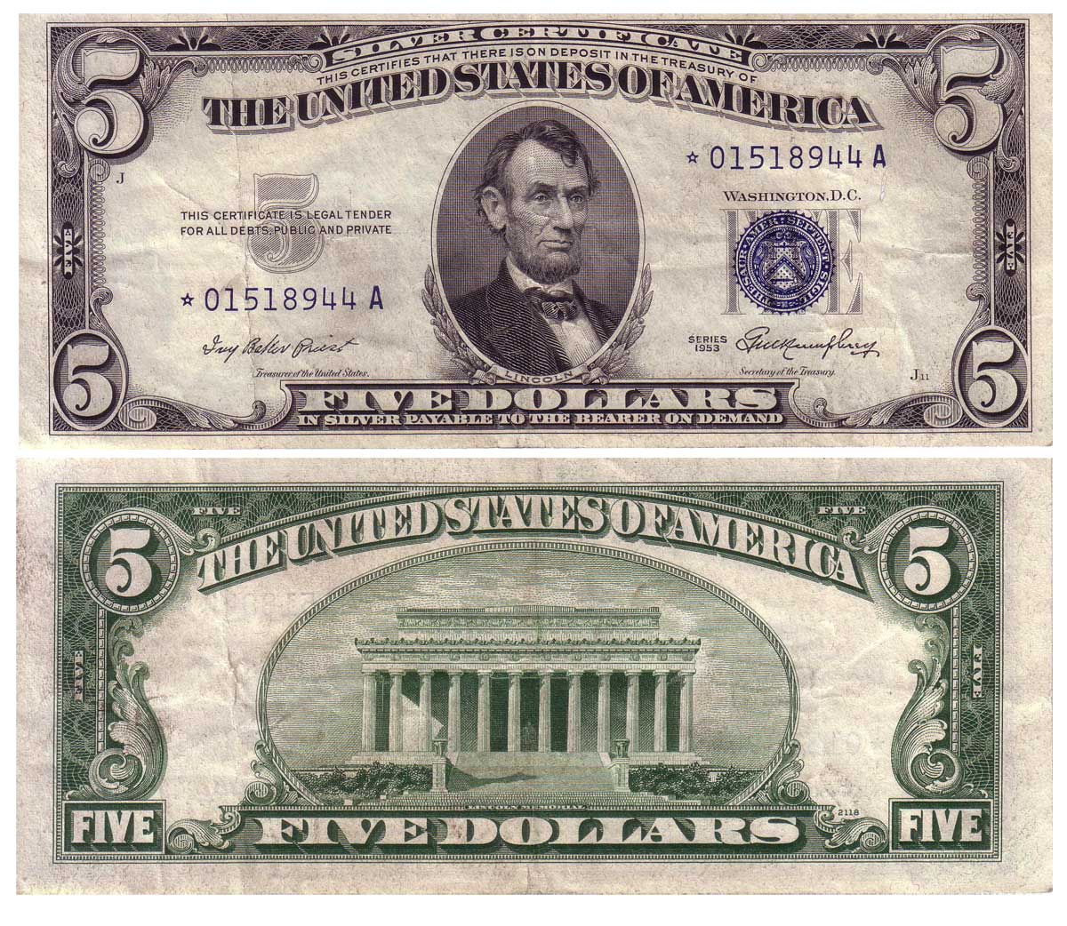 A 1953-A $5.00 United States Silver Certificate AU FR# 1656 F- A Block 
