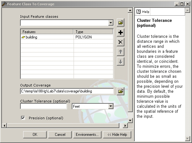 Feature class to coverage dialog box
