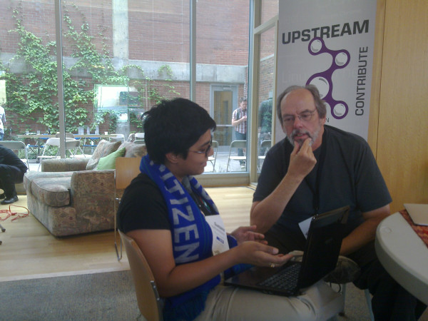 @brainwane (from Wikimedia) and @WardCunningham (inventor of wiki) talking at #osbridge 2011. #osb11 photo courtesy Josh Triplett