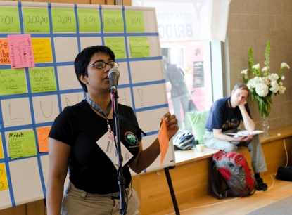 Sumana (publicizing a different talk) at OSBridge 2011, photo by Reid Beels CC BY-NC-SA