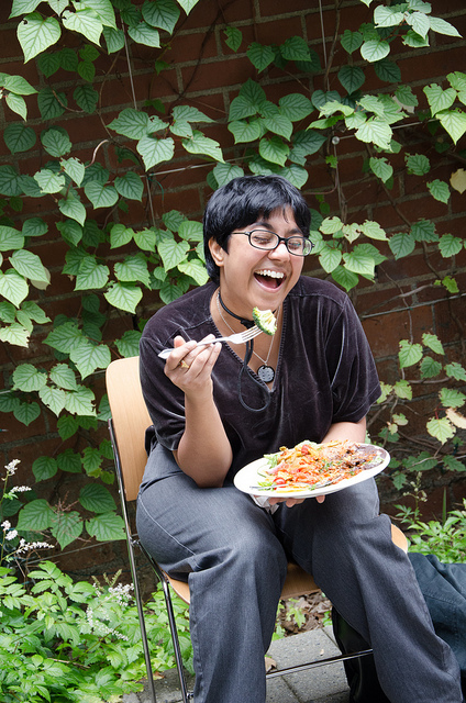 https://secure.flickr.com/photos/reidab/7674996428/ Woman laughing alone with salad, by reidab, CC BY-NC-SA