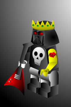 picture of lego man with helmet,
glowing red eyes, and electric guitar