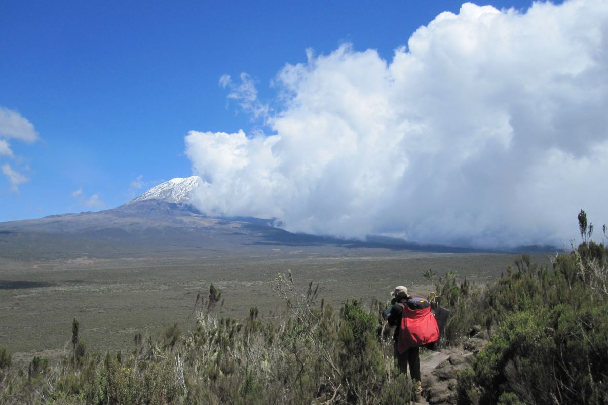 Descending to Shira Plateau, Kibo visible in background, guide Simon in foreground