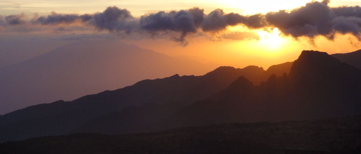 Sunset from Shira 2 Camp, Meru visible in haze